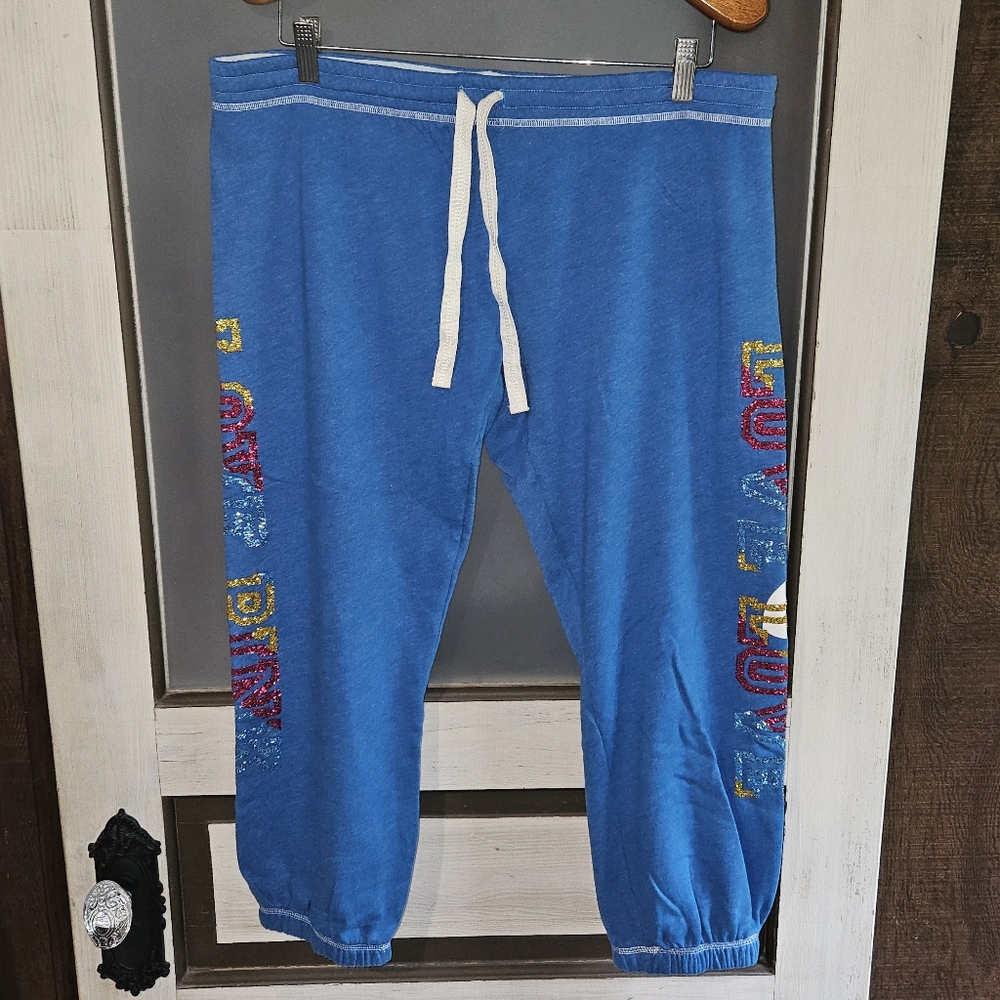 PINK Victoria's Secret Blue Track Joggers with Multicolor Side Logos